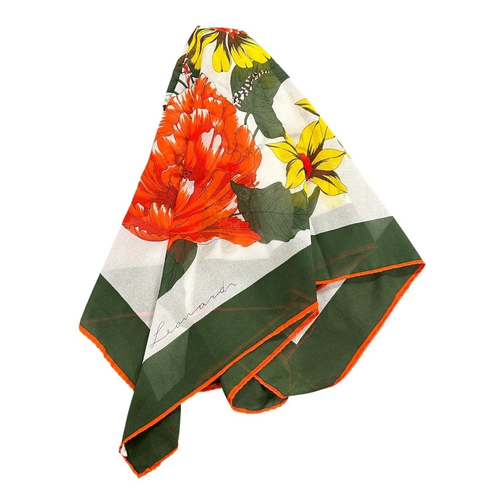Leonard Paris Vintage Silk Scarf Floral Poppy Sunflower Green Orange 31x31
